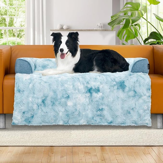 Calming Dog Couch Bed for Large Dogs, 41 x 37 inch Waterproof Removable Pet Mat Couch Cover for Furniture Protector, Non-Slip Fluffy Pelsbarn Dog Bed for Couch, Sofa, Outdoor - Tie-Dye Blue-PawvioPets