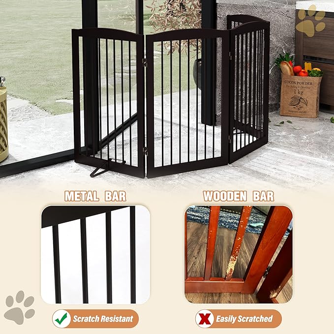Freestanding Pet Gate for Dogs, Indoor Wooden Foldable Dog Gate for House, Doorway, Stair, 80 Inch Wide, 4 Panels 32",Brown-PawvioPets