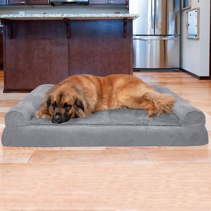 Furhaven Orthopedic Dog Bed for Large Dogs w/ Removable Bolsters & Washable Cover, For Dogs Up to 125 lbs - Plush & Suede Sofa - Gray, Jumbo Plus/XXL-PawvioPets