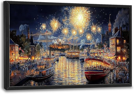 Framed Large Firework Night Sky Wall Art, Oversized European City Landscape Wall Decor for Living Room, River Boats Canvas Pictures Home Decoration for Living Room Bedroom Office 36"x24"-PawvioPets