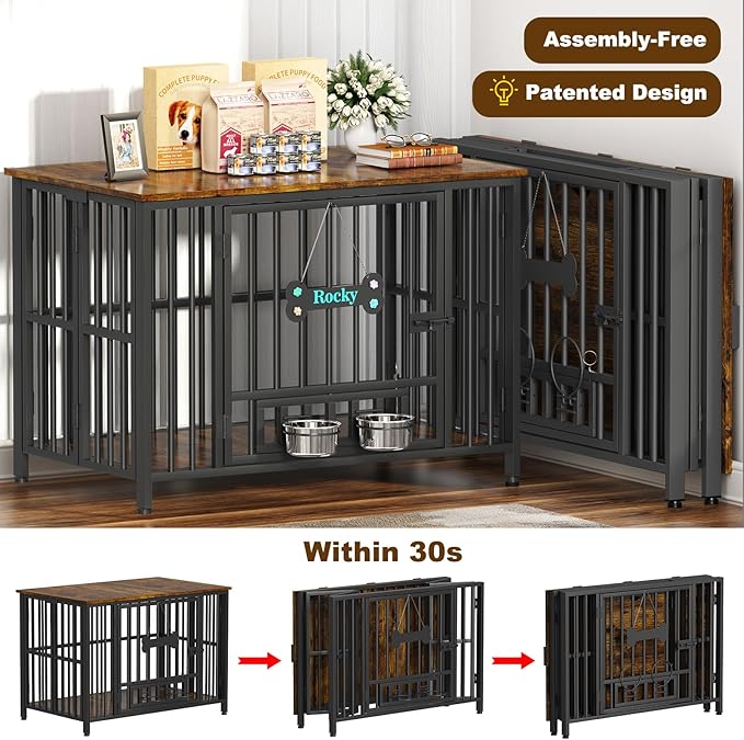 Easycom 41" Dog Crate Furniture Foldable, No Assembly Decorative Dog Kennel Indoor, Dog Crates for Large Dogs (40–65 lbs), Wooden Dog Cage with Adjustable Bowls and Name Tag, End Table, Rustic Brown-PawvioPets