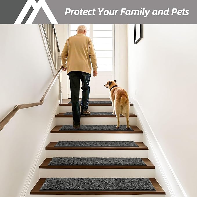 COSY HOMEER Edging Stair Treads Non-Slip Carpet Mat 28inX9in Indoor Stair Runners for Wooden Steps, Edging Stair Rugs for Kids and Dogs, 100% Polyester TPE Backing (7pc, Black,)-PawvioPets