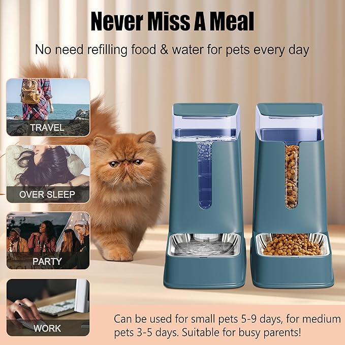 Automatic Cat Feeder and Cat Water Dispenser Set with Stainless Steel Bowls Gravity Dog Feeder for Small Medium Big Dog Pets Puppy Kitten, 3.8L x 2 (Cyan)-PawvioPets