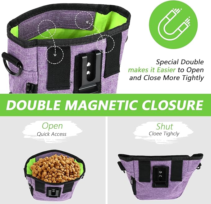Dog Treat Pouches for Pet Training with Magnetic Closure Treat Pouches for Pet Training,Large Dog Treat Training Pouch and Dog Clicker,Training Treat Pouch Built-In Poop Bag Dispenser-Purple.-PawvioPets