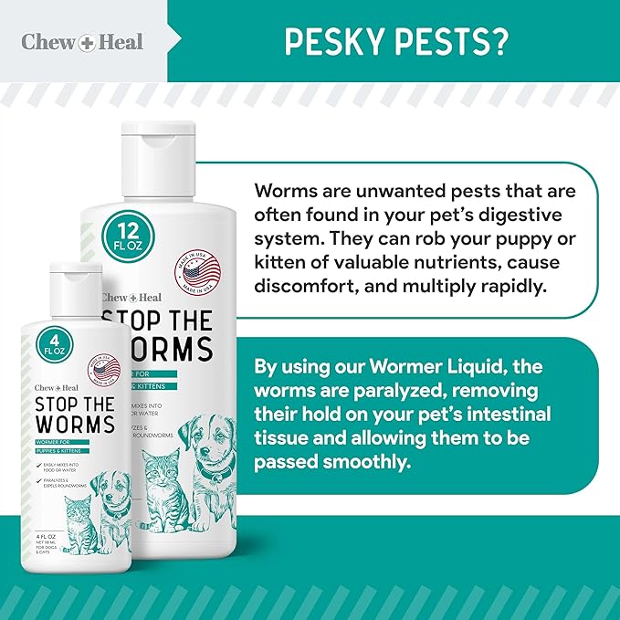 Dog and Cat Dewormer Liquid - 4 oz Wormer Solution to Paralyze and Expel Roundworms - Kitten and Puppy Dewormer-PawvioPets