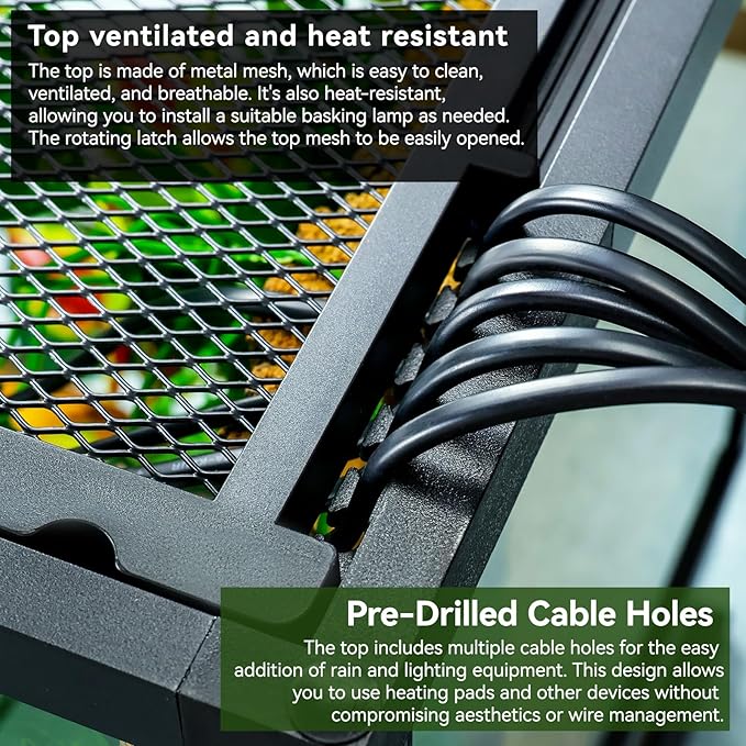 Glass Reptile Tank Front Opening Terrarium Suitable for Leopard Geckos, Snakes, Tree Frogs, Chameleons,Watertight Base, Ventilated Metal Mesh Top, Pre-Drilled Cable Holes 23.9x18x18''-PawvioPets