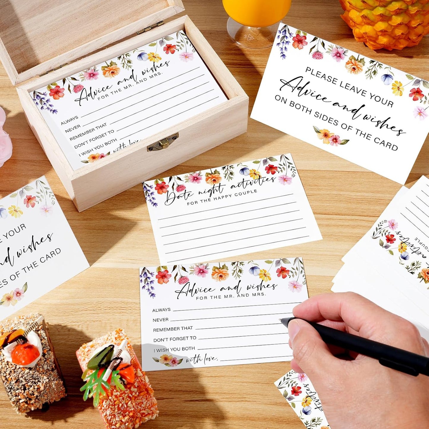 85 Pcs Advice and Wishes Cards Wooden Box Set for The Mr and Mrs,Pink Floral Rose Advice and Wishes Cards with Pen for the Groom and Bride,Bridal Shower Game,Wedding Party Decorations Supplies