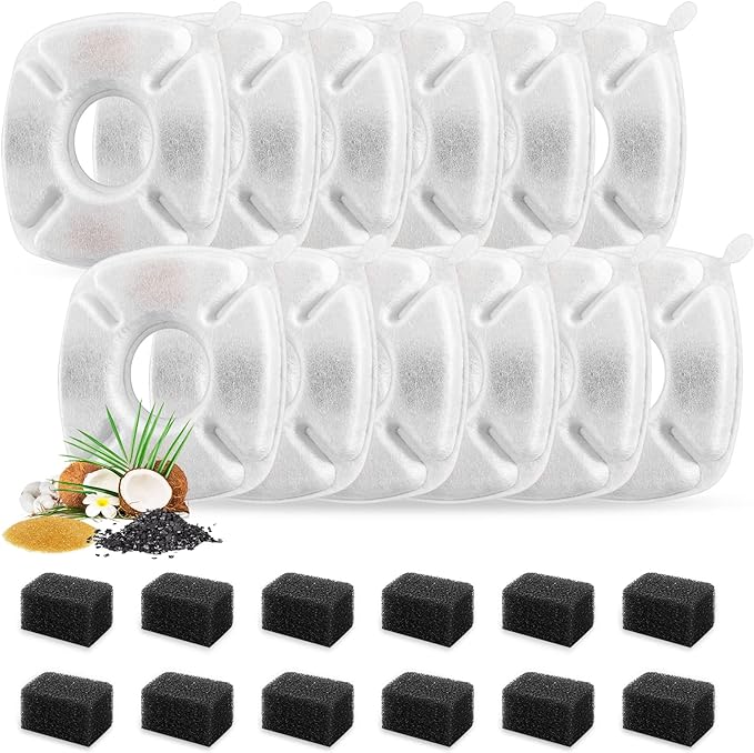 24 Pcs Cat Fountain Replacement Filters 12 Pack Cat Water Fountain Replacement Filters with 12 Pack Pre-Filter Sponges, Pet Fountain Filter Fit for 95oz/2.8L Automatic Pet Fountain Cat Water Fountain-PawvioPets