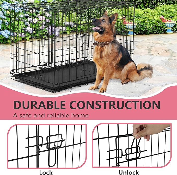 FDW Extra Large Dog Crate Dog Kennel Cage with Double Door,48 inch Folding Metal Wire Dog Cage with Removable Tray&Divider Panel,Pet Crate for Large Dogs,Black-PawvioPets