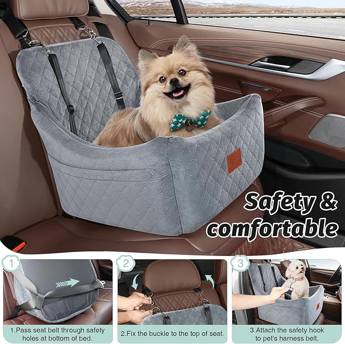 Dog Car Seat for Medium Dogs Up to 35lbs,Fully Detachable and Washable,Easy to Install with Adjustable Straps,Anti-Slip Bottom Travel Car Bed for Pets,Two Side Pockets(Grey,Medium)-PawvioPets