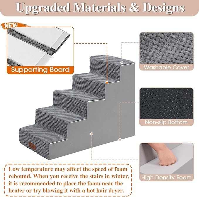GGIB Dog Stairs for Small Dogs Cats Non-Slip Dog Steps for High Bed Pet Stairs for Sofa Couch Pet Ramp Pet Steps with Removable Washable Cover, Grey, 22" H, 5-Step-PawvioPets