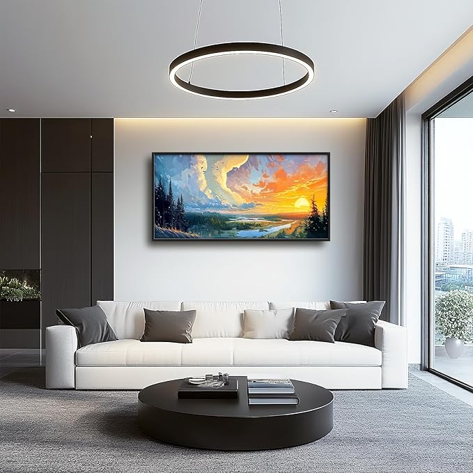 Framed Large Sunrise Wall Art for Living Room, Oversized Sunrise Wall Decor Forest Lake Landscape Canvas Print Natural Picture Home Decoration for Bedroom Living Room Office 60"x30"-PawvioPets