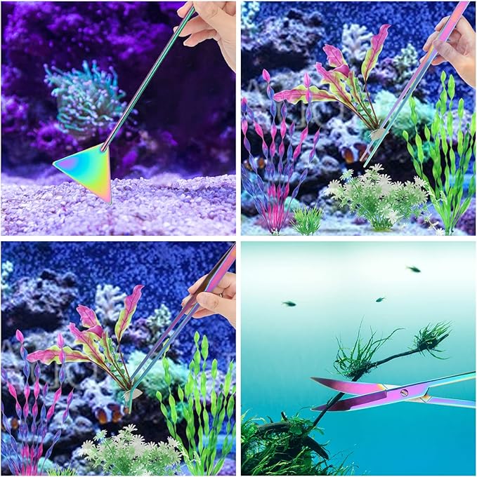 4 in 1 Quarium Aquascape Tools Kits, Anti-Rust Stainless Steel Aquatic Plant Aquascaping Tweezers, Scissors, Spatula for Aquarium Tank Cleaning Fish Tank Aquascape Tools Sets-PawvioPets