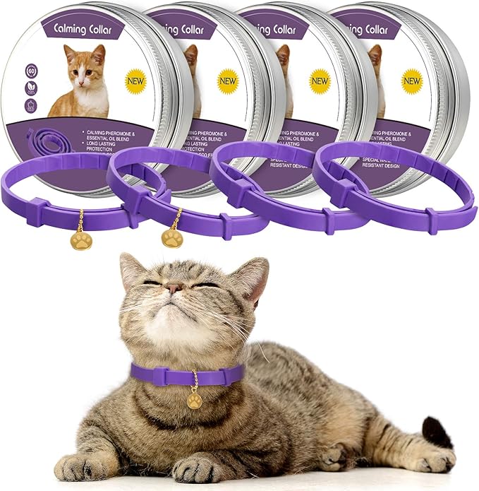 4 Pcs Cat Calming Collar Adjustable Lavender Scent Relaxing Cat Collar with 2 Pendant for Puppies Reduce Stress Aggression Anxious, up to 15 Inches(Purple, Gold)-PawvioPets