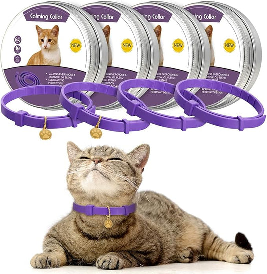 4 Pcs Cat Calming Collar Adjustable Lavender Scent Relaxing Cat Collar with 2 Pendant for Puppies Reduce Stress Aggression Anxious, up to 15 Inches(Purple, Gold)-PawvioPets