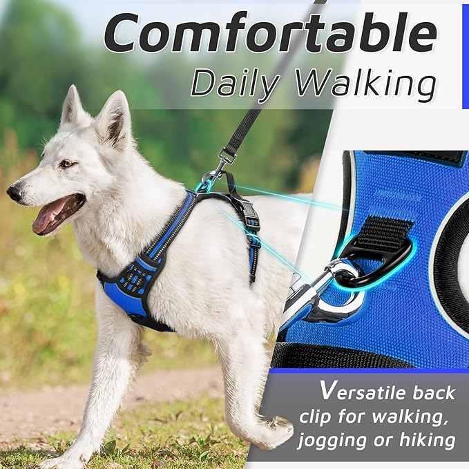 Eagloo Dog Harness Medium Sized Dog, No Pull Service Vest with Reflective Strips and Control Handle, Adjustable and Comfortable for Easy Walking, No Choke Pet Harness with 2 Metal Rings, Blue, M-PawvioPets