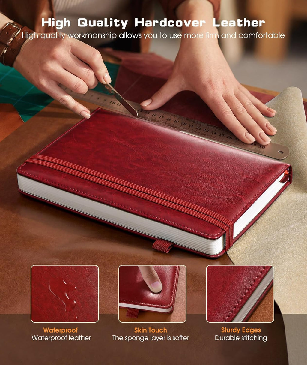 Lined Journal Notebook for Women Men, 256 Numbered Pages Hardcover Leather Journals for Writing, A5 Journaling Notebooks, College Ruled Journal for Business Work School 5.75" x 8.38" Wine Red