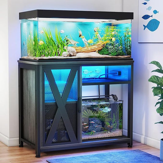 DWVO 40-50 Gallon Aquarium Stand with Power Outlets & LED Light, Cabinet for Fish Tank Accessories Storage - Metal Fish Tank Stand Suitable for Turtle, Reptile Terrarium, 660LBS Capacity, Grey-PawvioPets