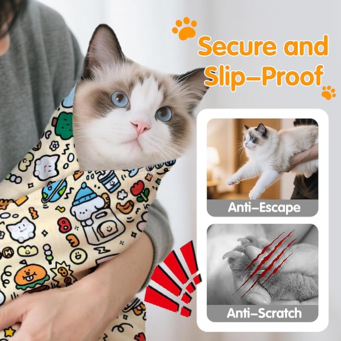 27.6" Large Cat Grooming Wrap, Cat Grooming Supplies, Cat Wrap for Cutting Nails, Self-Adhesive Cat Grooming Bag for Cats Within 15lbs Cat Restraint for Nail Clipping, Medicine Taking(Yellow)-PawvioPets