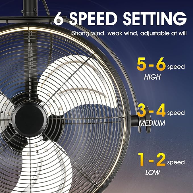 20 inch Wall Mount Fan with Lights and Remote,6-Speed Gazebo Ceiling Fan Adjustable Tilt Dimmable Wall Fan,High Velocity Industrial Outdoor Fans for Patio,Garage,Commercial,Black-PawvioPets