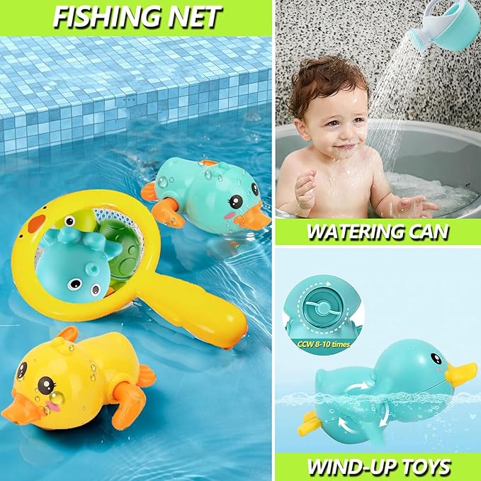 Bath Toys for Babies 6-12+ Months, Wind-up Ducks Bath Toys for Kids Ages 1-3, No Hole Baby Bath Toy Ocean Animal Floating Pool Toys for Toddlers, Water Toys Fishing Net Watering Can-PawvioPets