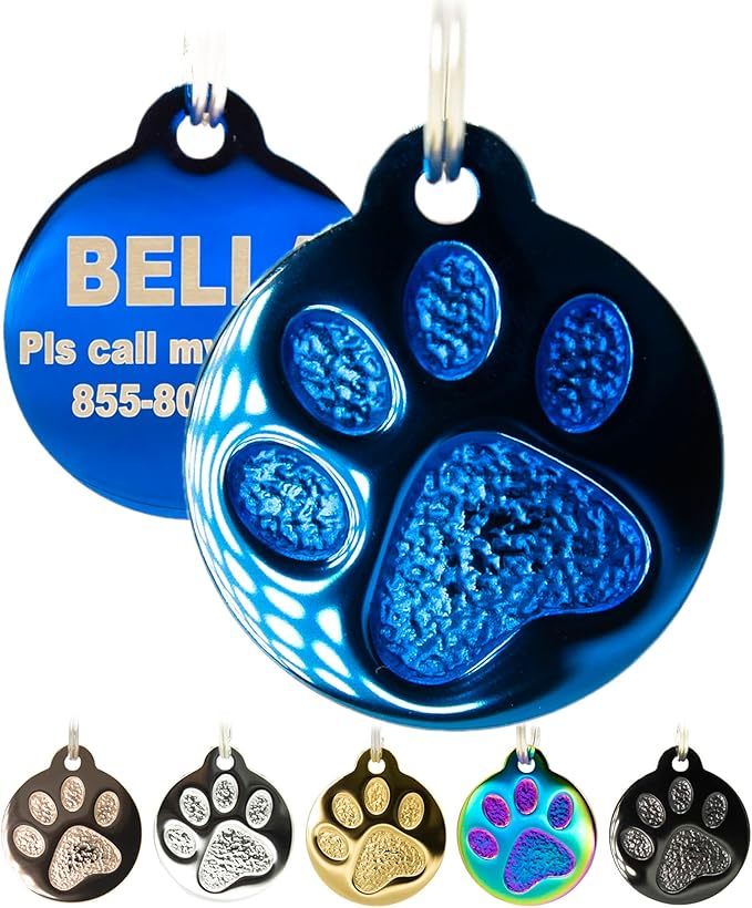 Engraved Pet Tag for Dogs and Cats - Personalized Front & Back up to 4 Lines of Text Custom Engraved ID, Round Paw Print Solid Plating Stainless Steel Blue Regular-PawvioPets