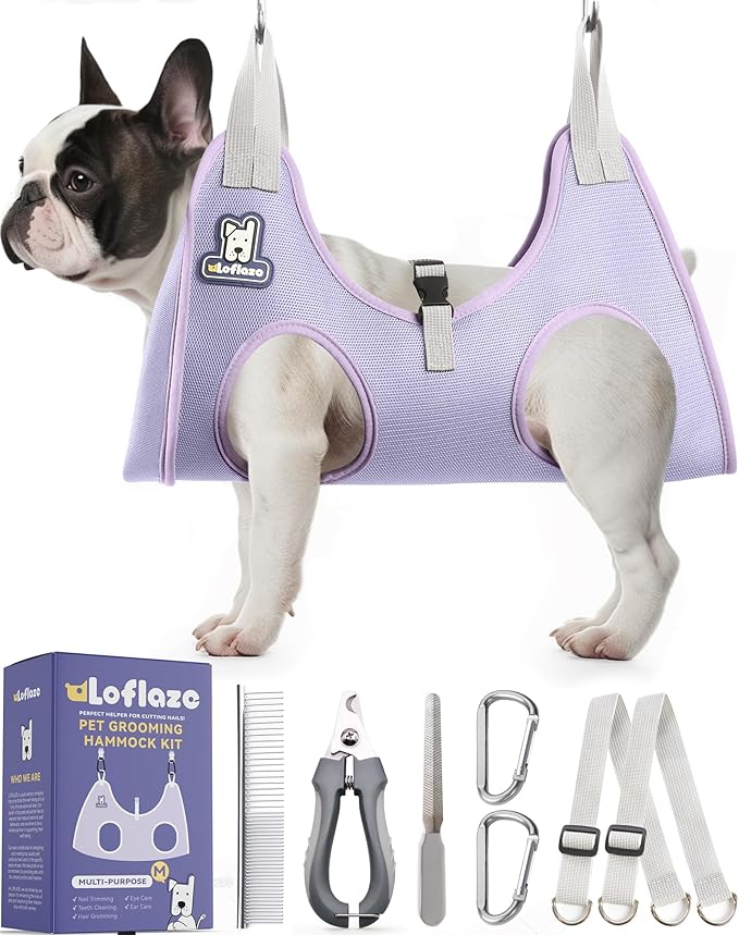 Dog Grooming Hammock Harness for Dogs & Cats with Pet Nail Clipper Trimmer - Cat Hanger Sling for Trimming Clipping Nails- Dog Hammock Restraint Bag for Small Medium Large pet （ Purple M）-PawvioPets