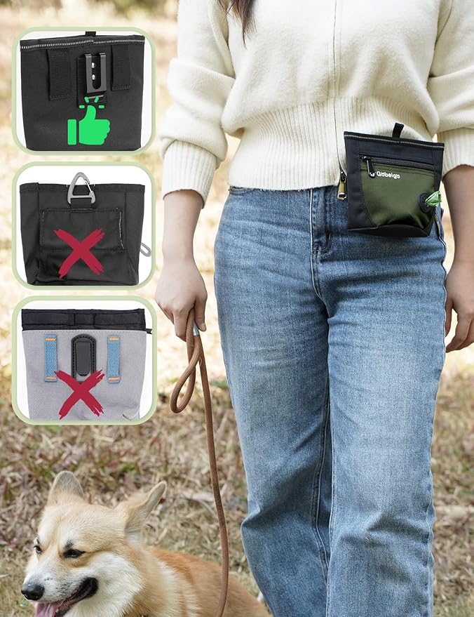 Gobeigo Dog Treat Pouch and Training Clicker, Upgrade Two Magnetic Closure to Prevent Spills, 2 Cup Treat Bag with Poop Bag Dispenser, Metal Clip Waist Belt Fanny Pack for Pet Walk (Black/Army Green)-PawvioPets