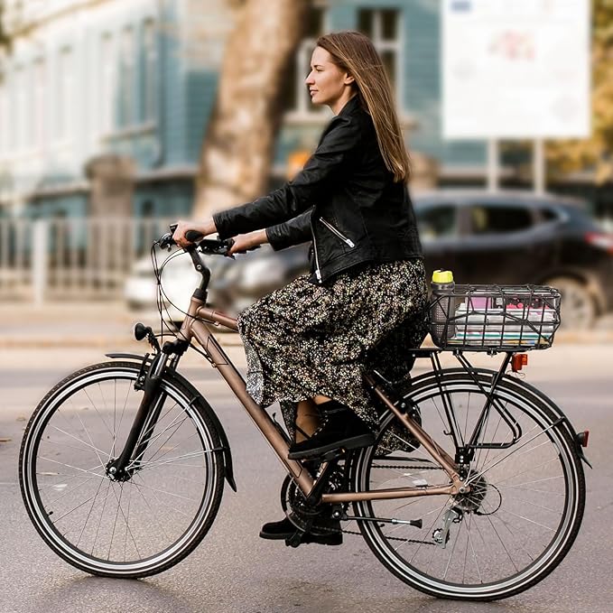 CXWXC Rear Bike Basket - Bicycle Rear Basket with Cargo Net and Waterproof Cover - Rear Mount Aluminium Bike Basket Large Capacity-PawvioPets