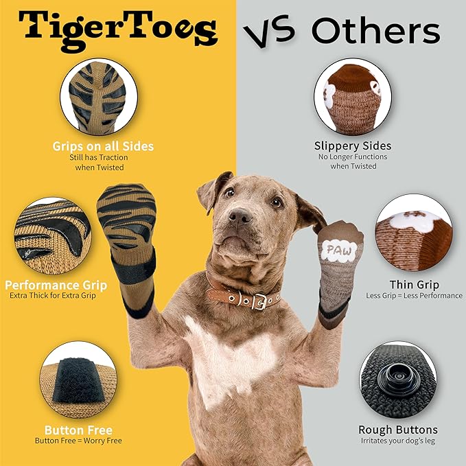 DOK TigerToes Premium Non-Slip Dog Socks for Hardwood Floors - Extra-Thick Grip That Works Even When Twisted - Prevents Licking, Slipping, and Great for Dog Paw Protection (XXS, Cool Caramel)-PawvioPets