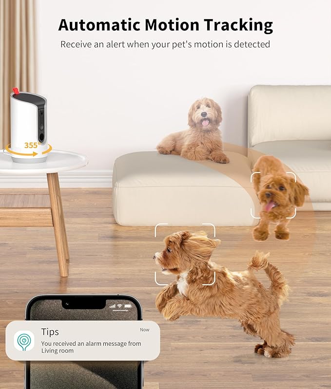 2K Pet Camera Treat Dispenser, 360°View Dog Camera with Phone App, 5G&2.4G WiFi 2-Way Talk Pet Cam Indoor for Cats Remote Treat Tossing, Motion Alerts, Auto Tracking-PawvioPets