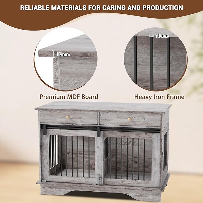 Dog Furniture Crate, 47" Large Dog Crate Furniture w/ 2 Storage Draws & Removable Divider for Large/Medium/Small Dogs (Grey, One Cage)-PawvioPets