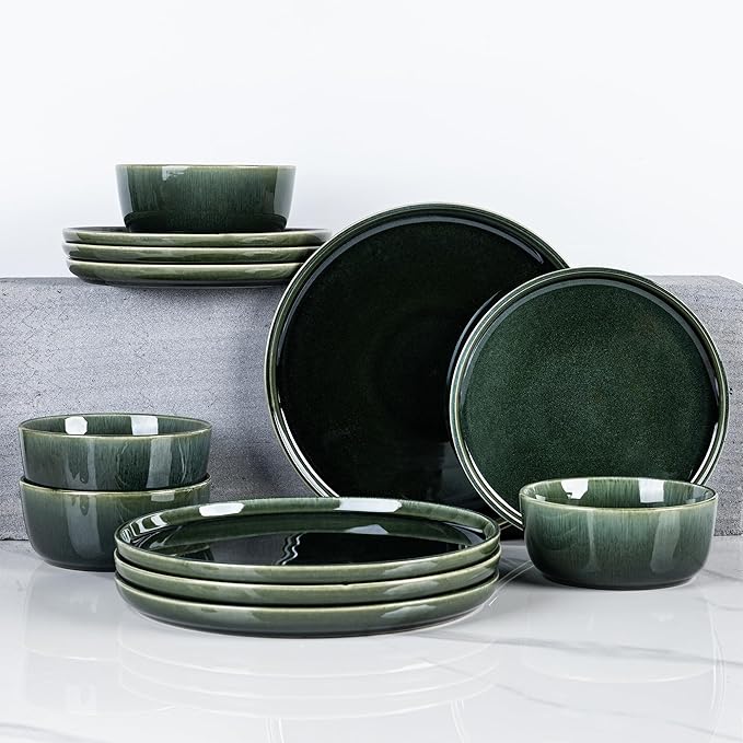 GBHOME Ceramic Dinnerware Sets for 6, 18 Pieces Stoneware Plates and Bowls Sets, Reactive Glaze Dishes -Scratch Resistant, Dishwasher&Microwave Safe, Earth Green-PawvioPets