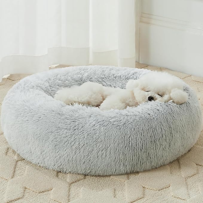WNPETHOME Calming Dog Bed Cat Bed Donut, Faux Fur Pet Bed Self-Warming Donut Cuddler, Comfortable Round Plush Dog Beds-PawvioPets