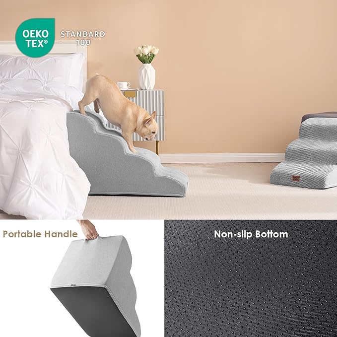 EHEYCIGA Curved Dog Stairs Ramp for High Beds 19.7" H, 4-Step Dog Steps for Small Dogs and Cats, Pet Stairs for High Bed Climbing, Non-Slip Balanced Pet Step Indoor, Light Grey-PawvioPets