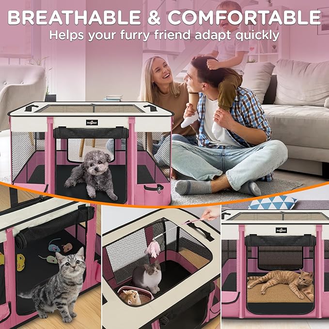 Foldable Pet Kitten Playpen, Upgrade Waterproof Portable Cat Dog Playpen Kennel Tent for Small Dog Cat, Removable Shade Cover, Come with Free Carrying Case, Indoor Outdoor Use for Small Pet, Pink-PawvioPets