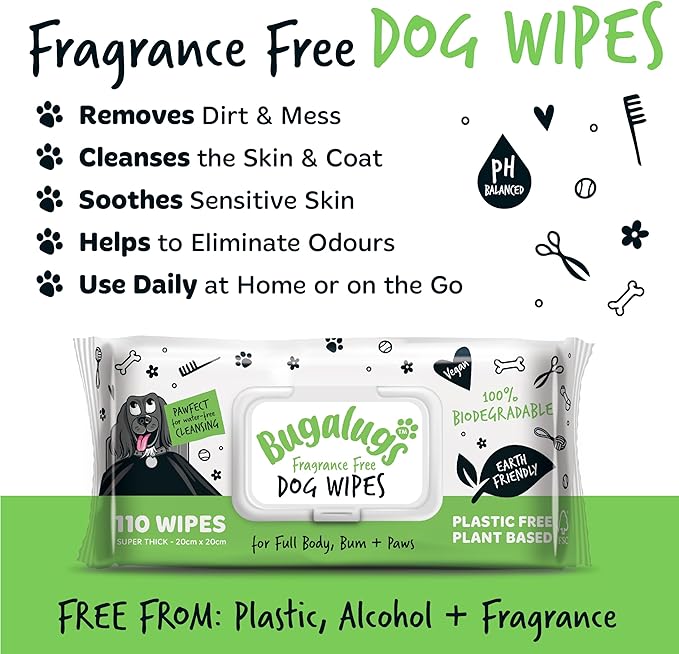 Dog Wipes, 100% Plastic Free Biodegradable pet Wipes for Full Body, Eye Wipes, Ear Wipes, Bum & Paws. 110 Sensitive Dog Grooming Wipes for Dogs, Puppy & cat Grooming (Fragrance Free)-PawvioPets