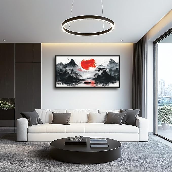 Framed Large Japanese Mountain Wall Art for Living Room, Oversized Asian Red Sun Lake Landscape Wall Decor Nature Canvas Painting Home Decoration for Living Room Bedroom Office 60"x30"-PawvioPets
