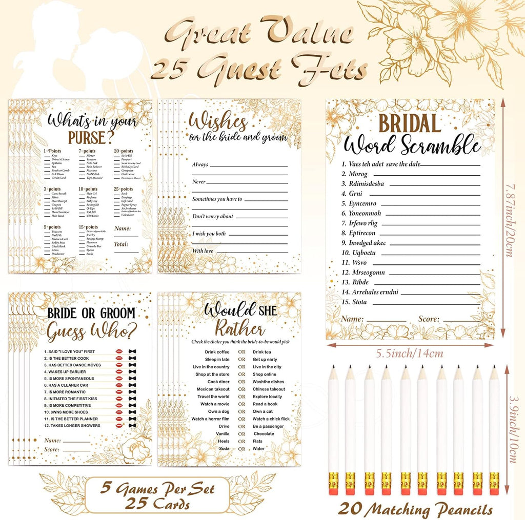 Teling 145 Pieces Bridal Shower Game Bridal Shower Favors Set Wedding Games Cards and Pencils for Bride Groom Bachelorette Party Wedding Party Favor(Golden Flower Style)