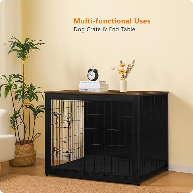 DWANTON Dog Crate Furniture with Cushion, Wooden Kennel Table with Double Doors, Indoor Dog House, Extra Large Size, 43.3" L, Black+Warm Brown-PawvioPets