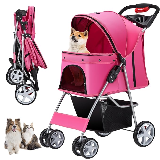 4 Wheels Pet Stroller for Small Medium Dogs Cats 10-33 lbs, Foldable Dog and Cat Stroller with Cup Holder & Storage Basket & Breathable Mesh, Pet Strolling Cart for All-Season, Pink-PawvioPets