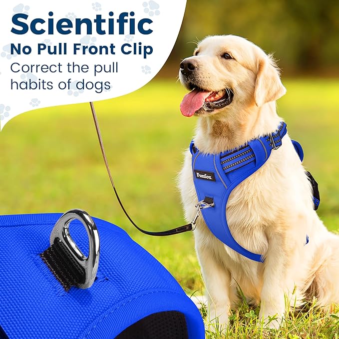 Funfox Dog Harness No Pull, Adjustable Pet Vest Harness, Super Soft Material with Vertical Handle Easy Control, Reflective Night Walking, 2 Leash Clips for XLarge Dogs, Blue, XL-PawvioPets