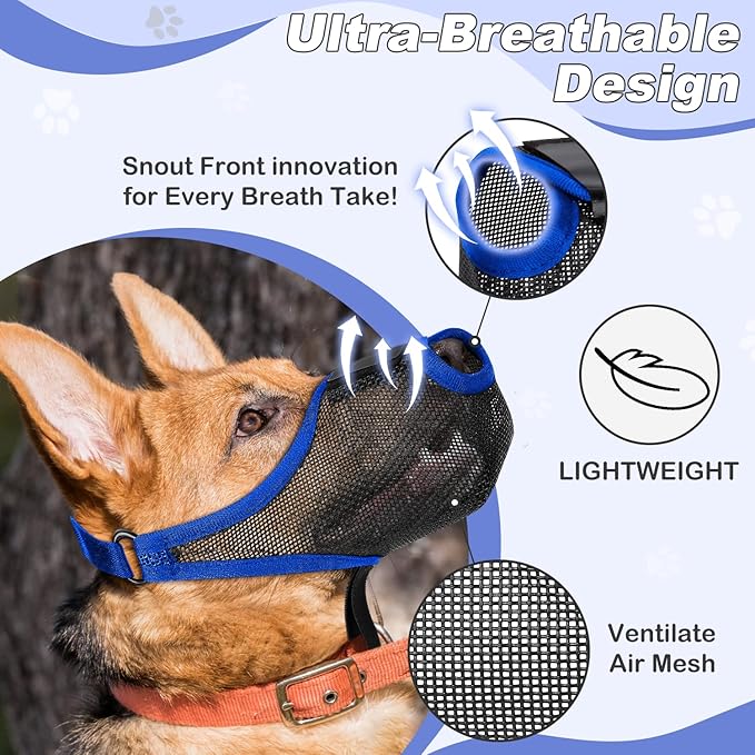 Dog Muzzle, Soft Air Mesh Muzzle for Small Medium Large Dogs Anti Biting Barking Chewing Scavenging, Breathable Adjustable Loop Pets Muzzle with Front Opening Design Allows Panting Drinking (Blue,XL)-PawvioPets