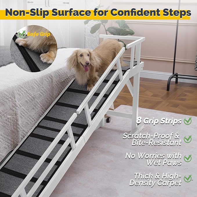 Dog Ramp for Bed or Couch, Wooden Pet Ramp with 20° Gentle Slope, Removable Side Rails, Non-Slip Surface, Top Platform & Wheels, Safe Bed Ramp for Small, Medium & Senior Dogs, 74" Long, White-PawvioPets