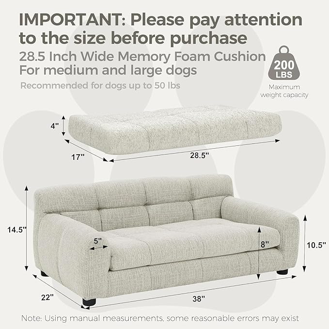 Dog Couch Bed, Mini Sofa for Dogs with Backrest and Armrest, Durable Pet Sofa with Soft Foam Cushion, Elevated Dog Couch Bed with Legs for Medium and Large Dogs, Beige-PawvioPets