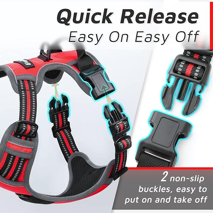Eagloo Dog Harness Medium Sized Dog, No Pull Service Vest with Reflective Strips and Control Handle, Adjustable and Comfortable for Easy Walking, No Choke Pet Harness with 2 Metal Rings, Red, M-PawvioPets
