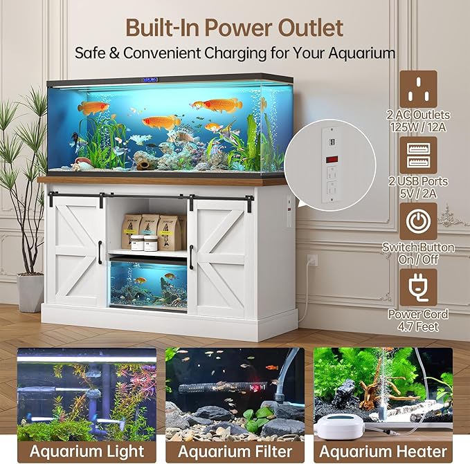 55-75 Gallon Fish Tank Stand with Sliding Barn Doors & Power Outlet, Heavy Duty Aquarium Stand with Cabinet Storage for Fish Tank, Turtle Tank, Reptile Terrarium, 1000LBS Capacity, White-PawvioPets