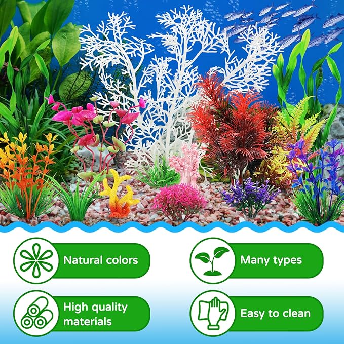 Aquarium Decorations Plants with Resin Coral, 12 pcs Fish Tank Accessories, Fish Tank Decorations Small Plants Plastic, Aquarium Decor Artificial Plant-PawvioPets