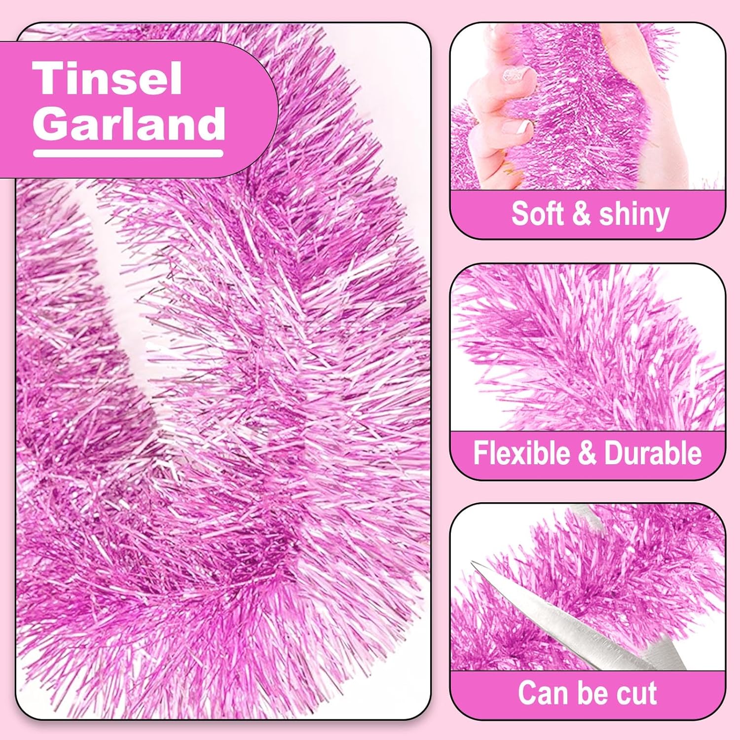 25 Feet Metallic Twist Tinsel Garland - Wall Hanging Backdrop for Parade Floats, Christmas Eve, New Year, Valentine's Day Parties (Macaron Pink, 4in x 25ft)