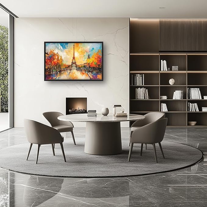 Framed Large Eiffel Tower Wall Art for Living Room, Oversized Paris City Street Landscape Wall Decor, Colorful Sunrise Canvas Painting Modern Artwork for Living Room Bedroom Office 36"x24"-PawvioPets